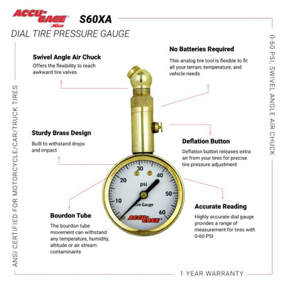 Accu-Gage by Milton Dial Tire Pressure Gauge with Swivel Angle Air Chuck - ANSI Certified for Motorcycle/Car/Truck Tires (0-60 PSI)