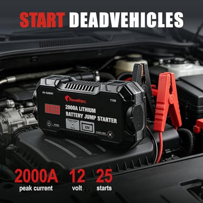 2000A Car Battery Jump Starter – Portable Jump Box for 8.0L Gas & 6.5L Diesel Engines, 12V Lithium Power Bank with USB Ports, Jumper Cables, 3-Mode LED Light – Roadside Emergency Kit
