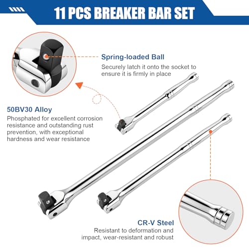 11Pcs Breaker Bar Set | 1/4”, 3/8” and 1/2” Drive, 180 Degree Rotatable Head, 4 Socket Adapters and 1/4" Universal Joint, Cr-V