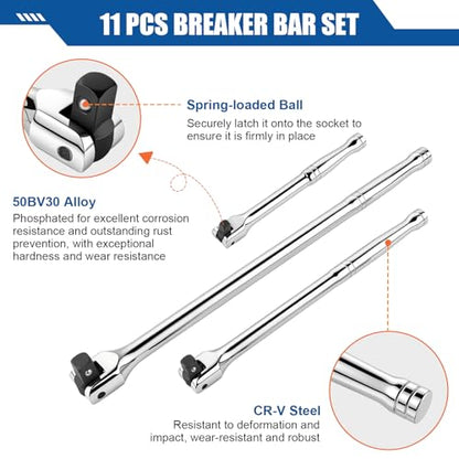 11Pcs Breaker Bar Set | 1/4”, 3/8” and 1/2” Drive, 180 Degree Rotatable Head, 4 Socket Adapters and 1/4" Universal Joint, Cr-V