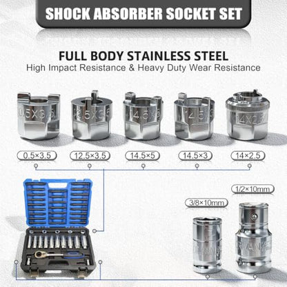 43PCS Strut Socket Set, Strut Nut Socket Shock Absorber Socket with Ratchet Wrench & Adaptor, Suspension Top Mount Nut Installation Removal Automotive Tool for All Vehicles