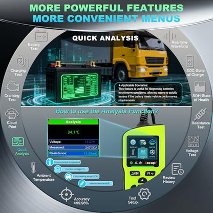 BT90 PRO 2-360Ah Battery Tester with Cloud Printing, 30-3800 CCA, 6V/12V/24V Digital Analyzer, SOH/SOC/Volt/Res/Cranking&Charging Test, Real‑Time Ambient Temp, AGM/EFB/Gel/Li - color: GREEN