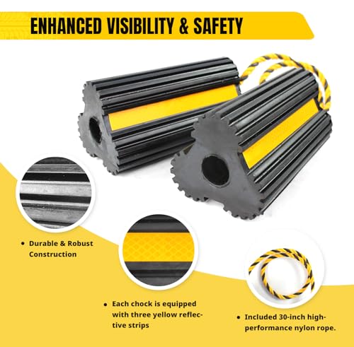 MAXXHAUL 51244 Solid Rubber Wheel Chock, 4 Pack, Heavy Duty with Nylon Rope, Yellow Reflective Tape, 7.8x4.1x3.9 Inch, for RV Trailer Truck Car