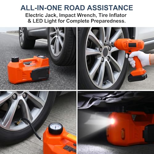 Electric Car Jack Kit for SUV MPV Sedan and Light Truck, 4-in-1 Hydraulic Floor Jack, 5 Ton, Steel and Plastic, 17.5 Inch Max Lift, Orange, 19.8 lbs, 14 x 14 x 8.9 Inches, 6 Inch Min Height
