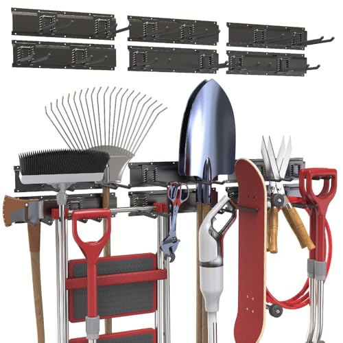VAULTON Heavy Duty Metal Slot Wall Panel Garage Organization Kit, 6 * 16inches, Wall Mounted Tool Organizer With 12 Double Hooks, Interlocking Slot Panel, 18pcs - style: 96inch 6 Panels+12 Hooks