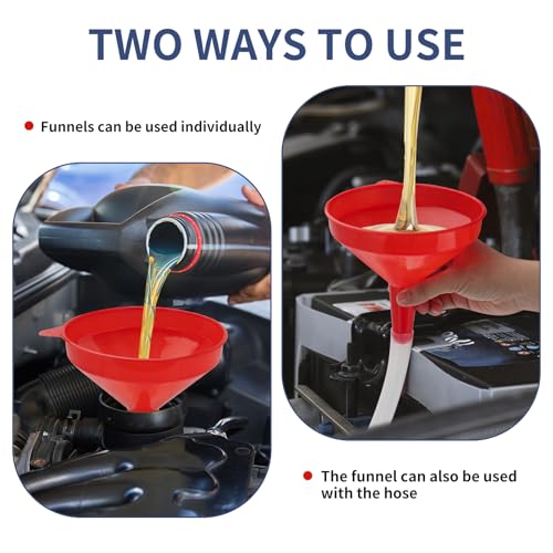 2-Pack Plastic Wide Mouth Funnels with 6.56 ft Clear Hoses & Hooks | Transmission Funnel Kit with cuttable 6.56 ft clear hoses, connectors and S-hooks, for oil, fuel, water and fluids