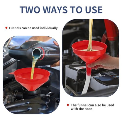 2-Pack Plastic Wide Mouth Funnels with 6.56 ft Clear Hoses & Hooks | Transmission Funnel Kit with cuttable 6.56 ft clear hoses, connectors and S-hooks, for oil, fuel, water and fluids