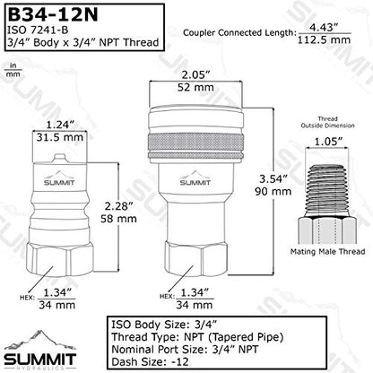 Summit Hydraulics 3/4" NPT ISO 7241-B Quick Disconnect Hydraulic Coupling/Coupler Set