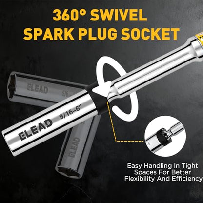 ELEAD 9/16" Swivel Magnetic Spark Plug Socket, 3/8" Drive x 6" Total Length, Thin Wall Spark Plug Removal Tool, 360 Degree Swivel, Enhanced Magnetic, 6-Point Design, Cr-V Steel - size: 9/16" x 6" Spark Plug Socket
