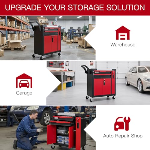 2-Drawer Tool Chest with Wheels, Rolling Tool Chest with Side Drawer,Tool Cabinet Drawers lockable,Tool Cart with Top compartment,for Garage Storage,Workshop,Home,Safety Rounded Corner Anti-collision - style: 2-Drawer