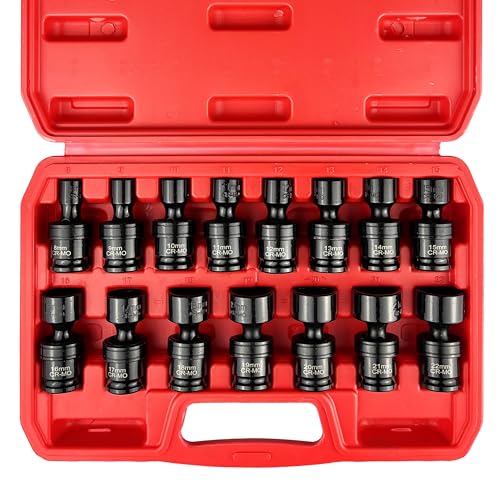 15PCS 3/8" Drive Shallow Universal Impact Socket Set,Swivel Socket Set,Metric Flexible Wobble Sockets, CR-MO,8-22mm, 6 Point - size: 15 PCS (5/16"-7/8")