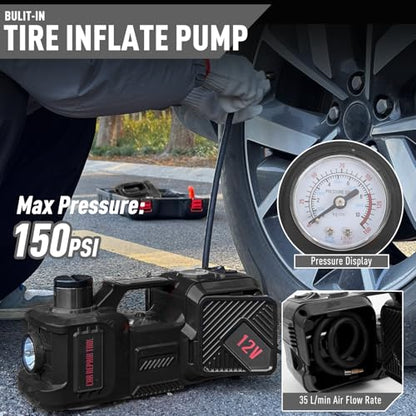 Electric Car Jack Kit 5 Ton 12V Hydraulic Floor Jack with Impact Wrench and Inflatable Pump for SUV Car Emergency Repair Tire Change Kit with LED Light - color: Black With Wrench