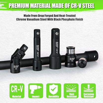 18-Piece Impact Socket Extension Set - 1/4" 3/8" 1/2" Drive Socket Extension Bars, Includes Ratchet Extension Set, Socket Adapter Set, Swivel Universal Joints & Impact Coupler, CR-V Steel - size: 18-Piece Socket Extension Set