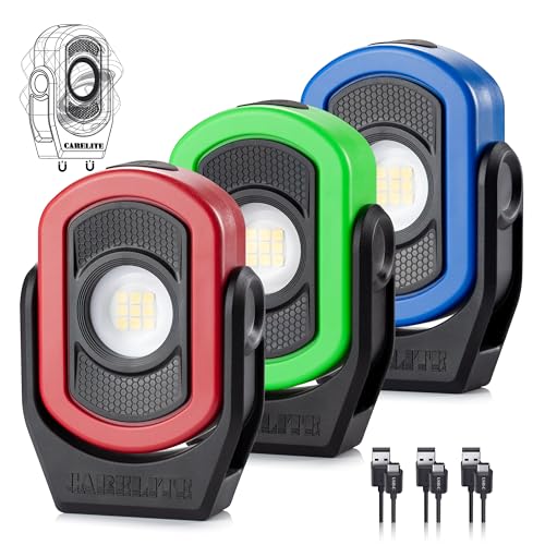 Magnetic Work Light – 780 Lumen Compact Pocket Light, Rechargeable 3000mAh, 360° Pivot, Durable & Portable for Mechanics & Jobsites (Red, Green & Blue, 3-Pack) - color: Red, Green, Blue, size: 3 Pack-780lm