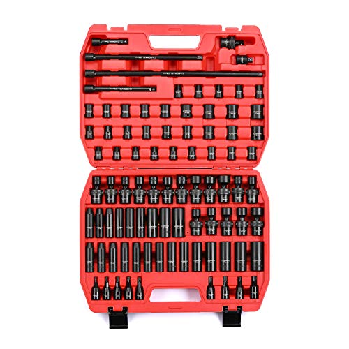 CASOMAN 87PCS 3/8" Drive Master Impact Socket Set, SAE & Metric Standard, Deep, Swivel Sockets,Cr-MO Steel, Includes Star and Inverted Star Socket, Impact Universal Joint, Extension Bars - size: 3/8" Drive