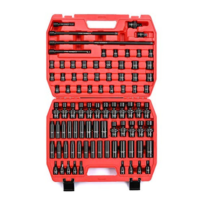 CASOMAN 87PCS 3/8" Drive Master Impact Socket Set, SAE & Metric Standard, Deep, Swivel Sockets,Cr-MO Steel, Includes Star and Inverted Star Socket, Impact Universal Joint, Extension Bars - size: 3/8" Drive