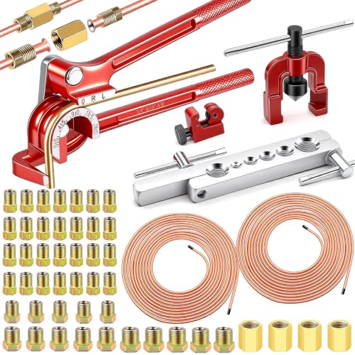 smseace 55Pack 3/16 Inch+3/16 Inch Brake line kit Include 25 FT Copper-Plated Brake Lines with Fitting(32pcs Fittings,4pcs Union+8pcs Nut) Brake line Bender,Single Flare Tool,Cutter Brake line kit - color: Gold-A, size: 3/16inch+3/16inch