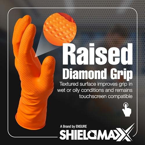 ShieldMaxx Heavy Duty Nitrile Gloves – 8 Mil Orange Industrial Glove Powder Latex Free Non-Sterile Diamond Texture Grip - size: XX-Large (Pack of 1000)