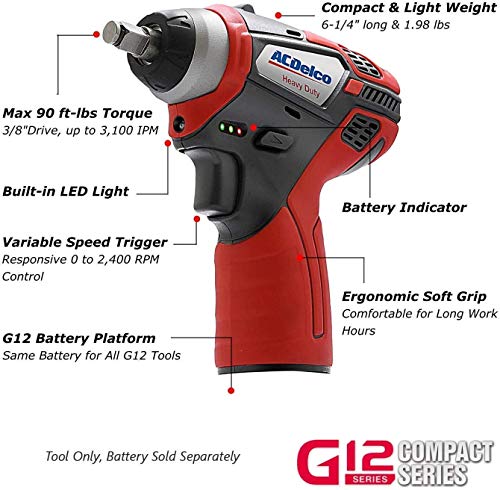 ACDelco ARW12103-K1 G12 Series 12V Cordless Li-ion 3/8” Brushless Ratchet Wrench & Impact Wrench Combo Tool