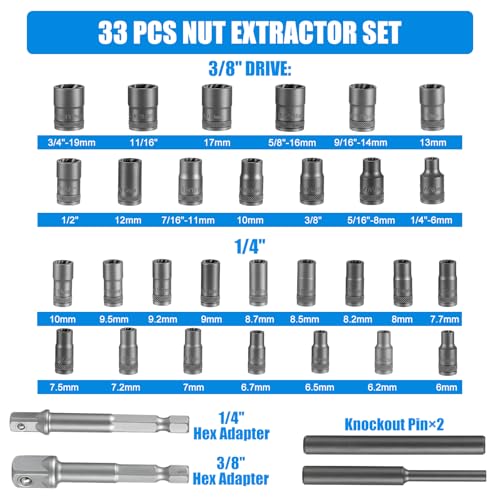 DISEN 33 PCS Bolt Extractor Kit Set, 1/4" & 3/8" Bolt and Nut Remover Set CR-MO Steel Extraction Socket Set with Storage Case Drive Lug Nut Removal Tool for Rusted, Damaged, Round Bolt Nuts Screws