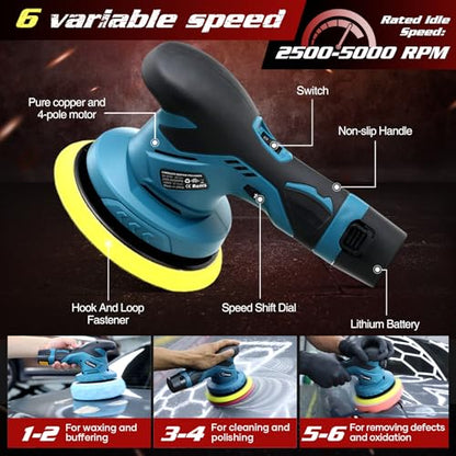 Saker Cordless Car Buffer Polisher - 6 Inch Portable Polishing Waxer Machine Kit for Car Detailing, with 3PCS 12V 2000mAh Batteries, Cloth, Bag, Gloves, Extends to 22 Attachments - style: BUFFER POLISHER +3 BATTERIES+BAG
