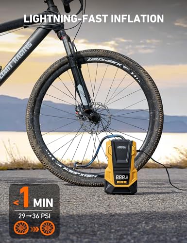 AstroAI 110V AC/12V DC Tire Inflator Portable Air Compressor, Dual Power Electric Air Pump with 150PSI Max Pressure & LED Light, Fast Inflation for Cars, Bikes, Motorcycles, and Inflatables, Yellow