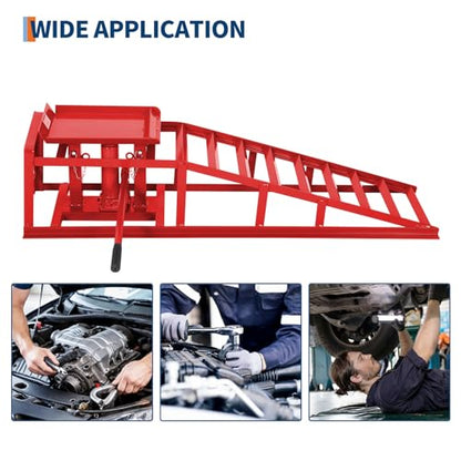 Heavy Duty Hydraulic Car Ramps 2 Pack – 5 Ton (11,000 lbs) Low Profile Steel Lift Ramps – Adjustable Height 9.4-13.3 in – for Oil Changes, Garage Repairs, Trucks & Low Cars – Portable - color: Red