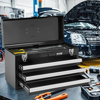 VEVOR Metal Tool Box, 20.5-inch, Portable Metal Tool Box with 3 Drawers, Small Tool Chest with EVA Liners, Ball Bearing Slide Drawers Locking & Powder Coated Finish, Multi-Function Tool Organizer - size: 3 Drawers-Black