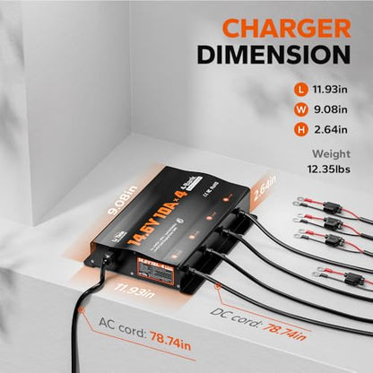 LiTime 4-Bank 10A (10A/Bank) Smart Battery Charger, 14.6V LiFePO4 Battery Charger AC-DC Charger with Fuse, LED Indicator for RV, Boat, Motorcycle, Lawn Mower, Trolling Motor and Lead Acid Battery