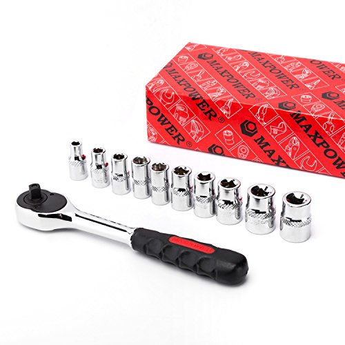 MAXPOWER 11-Piece 1/4" Ratcheting Socket Wrench Set Quick Release Reversible Ratchet Handle and Swappable Spanners Inch Imperial Sockets with Hanging Rack - color: Sae 1/4" Drive