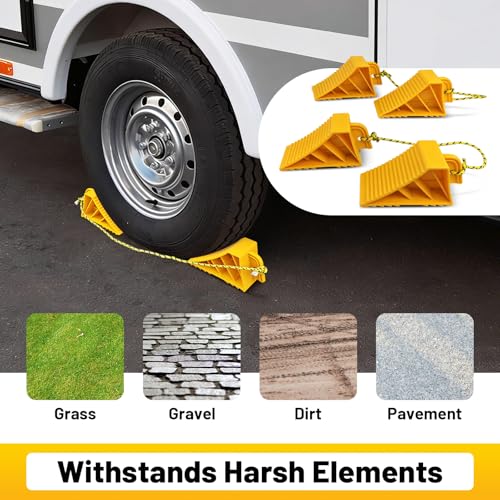 HOXWELL 2 Pair Wheel Chocks with Rope & Handle Design for Travel Trailers, Non Slip Yellow Wheel Chock, Lightweight Wheel Stoppers for Cars Campers Trucks RVs, Easy to Carry - color: Yellow-2 Pair