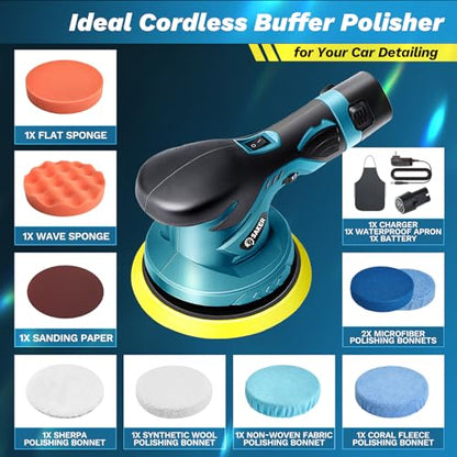 Saker Mini Cordless Buffer Polisher - 6 Inch Portable Polishing Machine Kit for Car Detailing, with 1PC 12V 2000mAh Rechargeable Battery, extra 10 PCS Attachments - style: BUFFER POLISHER FOR CAR DETAILING+ 1 BATTERY