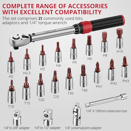XUNTOP 22Pcs Torque Wrench Set 1/4 Inch Torque Wrench with 3.69–18.44 Ft-LB Range 72 Tooth Drive Rachet Torque Wrench with Hex/Phillips/Torx Bits for Bike Motorcycle Car Tire Auto Repair