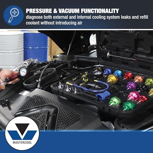 Mastercool 43301-A 27‑Piece Radiator Pressure & Vacuum System Kit – Professional Leak Tester & Coolant Refill Tool with Durable Gauge and 19 Adapter Set (0–35 psi)