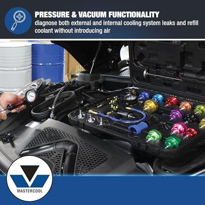 Mastercool 43301-A 27‑Piece Radiator Pressure & Vacuum System Kit – Professional Leak Tester & Coolant Refill Tool with Durable Gauge and 19 Adapter Set (0–35 psi)