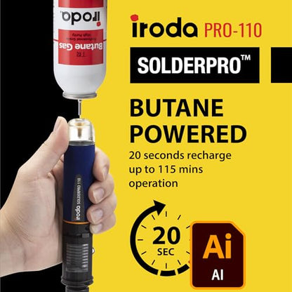 IRODA SolderPro 110 Butane Soldering Iron Kit, 115 MIns Run Time, Rapid Heat Up, Professional Set With Tips & Sturdy Tool Case (No Butane Included)