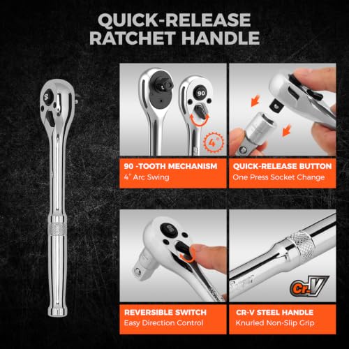HORUSDY 1/4" Drive 90-Tooth Quick-Release Ratchet Handle with 1/4" to 3/8" Adapter, Reversible Thin Profile Socket Wrench, 4° Swing Arc, Ergonomic Anti-Slip Grip, Ideal for Auto, Bike & Home Repair - style: 1/4" Drive 90T