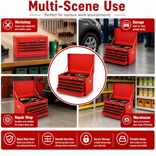 ARNOT Large Metal Tool Box, Tool Box with 6 Drawers & Top Tray, Heavy-Duty Steel Tool Chest with Auto-Locking Drawers and Side Handles for Garage & Workbench, Red - color: Red