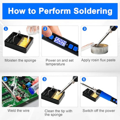 Soldering Iron Kit, 80W Soldering Iron Pen with Adjustable Temperature, LCD Display, ON/OFF Switch, 5 Tips, Solder Wire, Stand with Sponge, Pump, Paste, Tweezer, Blue