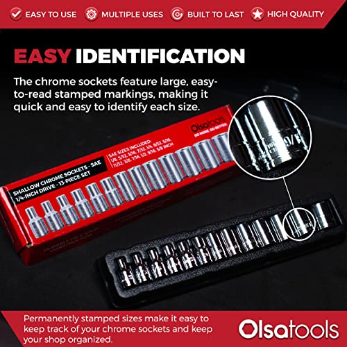 Olsa Tools SAE Shallow Socket Set - 1/4-Inch Drive, 13pc - 6-Point Chrome Sockets 1/8" to 5/8" and No Skipped Sizes - Mechanic Shallow SAE Socket Set - Professional Grade Short Sockets - Part: 1330 - color: Sae Shallow, size: 13pc, 1/4-Inch Drive
