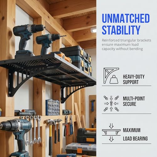 2 Pack 3.8 FT x 1.4 FT Heavy Duty Garage Wall Shelving, 530+ lbs Load Capacity per Shelf Wall Mounted Storage Shelf, Metal Garage Shelving with Hooks, Black (2 Pack)