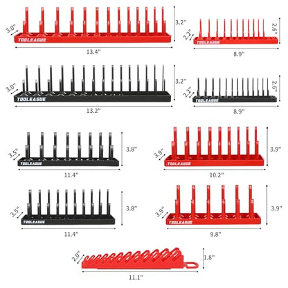 TOOLEAGUE 9Pcs Socket Organizer Tray and Magnetic Wrench Holder Set,Red SAE & Black Metric, 1/2", 1/4", 3/8" Socket Storage Trays for Tool Box Drawer - size: 9pcs