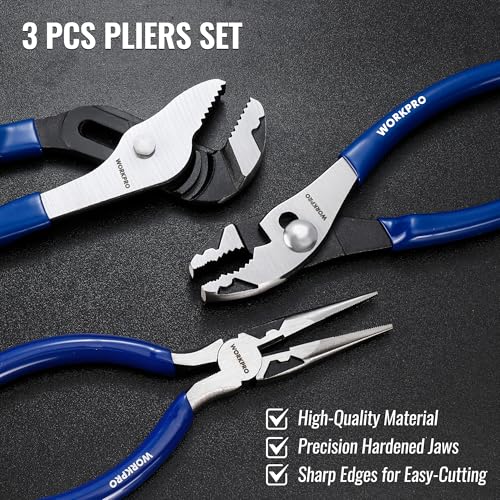 WORKPRO Pliers Set, 3-Piece Plier Tool Set with Soft Handle | 6" Needle Nose Plier, 6" Slip Joint Plier, 8" Groove Joint Plier for DIY & Home Use - color: Blue