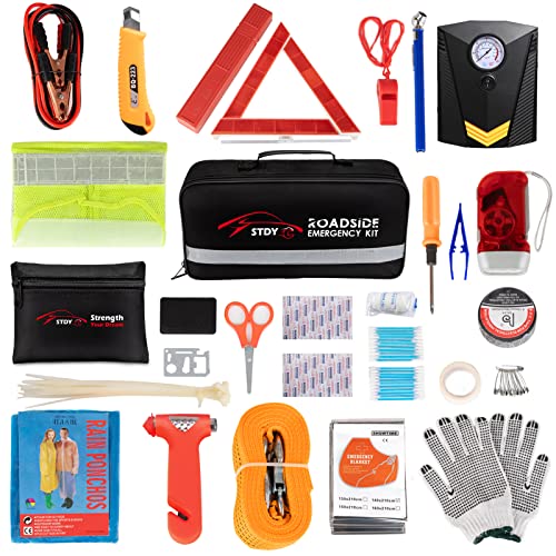 STDY Car Roadside Emergency Kit, Vehicle Truck Safety Road Side Assistance Kits Auto Accessory, with Jumper Cables, Portable Air Compressor, etc - size: Essential Kit+Air Compressor