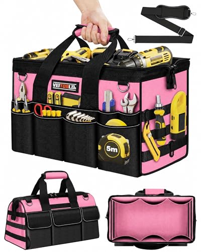Veitorld 16-Inch Tool Bag Tool Box Organizer, Heavy Duty Tool Organizer with 19 Pockets, Wide Mouth Design for Easy Access, Portable Tool Tote Gift for Women and Men, Garage, Workshop, Pink - style: Handle-Pink