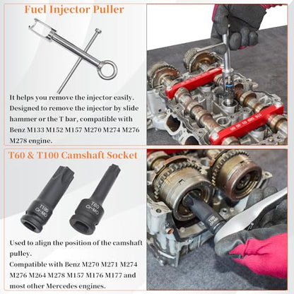 Engine Alignment Locking Timing Tool Kit with 4PCS Camshaft Adjuster Tool Kit, Compatible with Mercedes Benz M157/M276/M278, T60 & T100 Camshaft Scoket, Fuel Injector Puller - size: for M157/M276/ M278