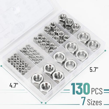 Bates- Metric Hex Nuts Assortment Kit, 7 Sizes, 130 pcs, Stainless Steel, M3 M4 M5 M6 M8 M10 M12, Hardware Nuts