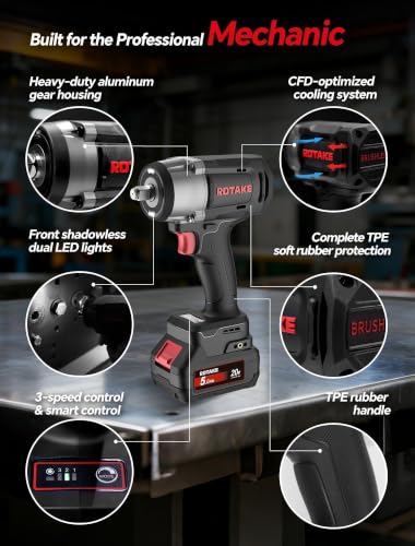 ROTAKE 20V Mid-Torque 1/2" Cordless Impact Wrench Kit, 880 FT-LBS, TB2 | 5.0Ah Battery, Brushless Motor, 3-in-1 Unibody Hammer Housing, Soft Start, Forward LED, 4A Rapid Charger, Hard Carrying Case - size: 1/2" (880 ft-lbs) TB2