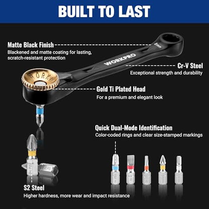 WORKPRO 1/4" Mini Ratchet Wrench Set with Magnetic Bit Holder, Screwdriver Bit Set, S2 Steel, Metric Shallow Socket (6-13mm), 72-Tooth, Right Angle Screwdriver, with Storage Case for DIY, Auto Repair | Mini Ratchet Wrench 1/4" Double Head 3-in-1 S2 Steel