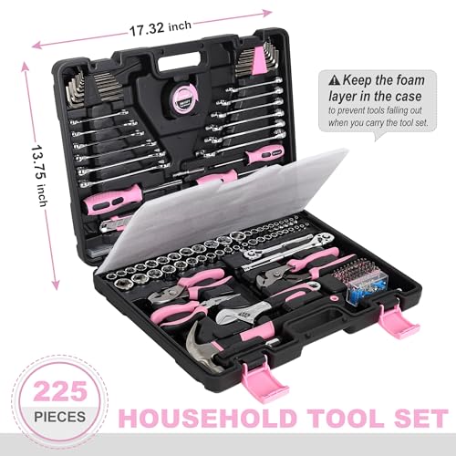 FASTPRO 225-Piece Pink Tool Set, SAE & Metric Mechanics Hand Tool Set with Toolbox, Home/Auto Repairing Tool Kit for DIY, Home Maintenance and Car Repairing
